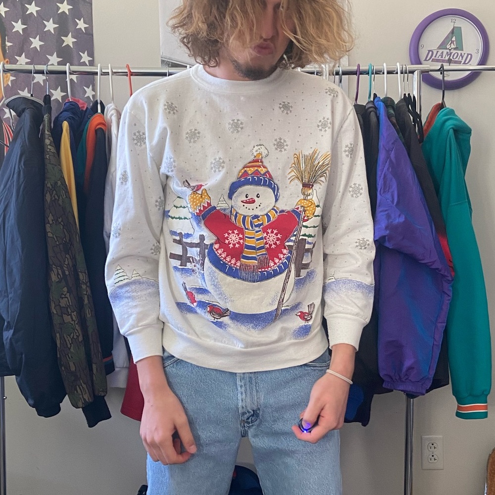 Vintage Cute Big Print Snowman Christmas Time Sweatshirt